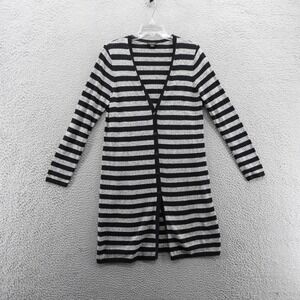 J Jill Wearever Long Button Front Cardigan Small Black Gray Stripe Womens Duster